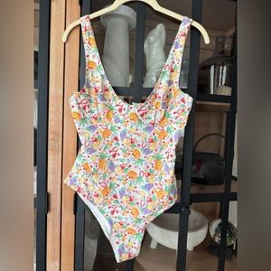 ASOS Monki one piece swimsuit fruits colorful underwire print scoop back vneck